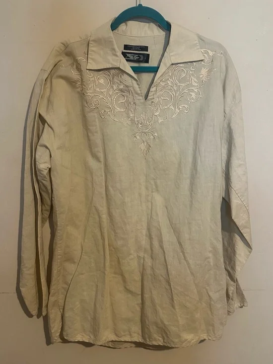 100% linen large Embroidered V-Neck Linen Tunic - Cream - Picture 4 of 5